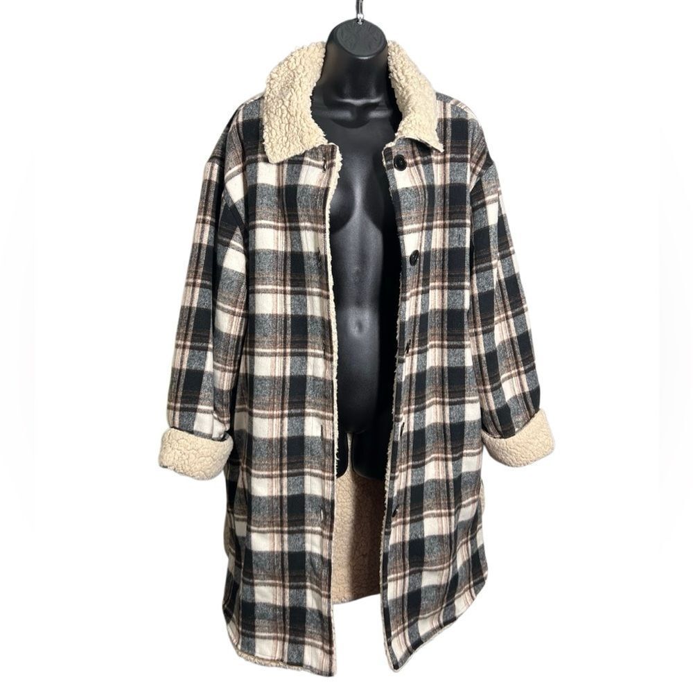 Sweet Rain plaid long Sherpa fleece-lined shacket coat Size Large